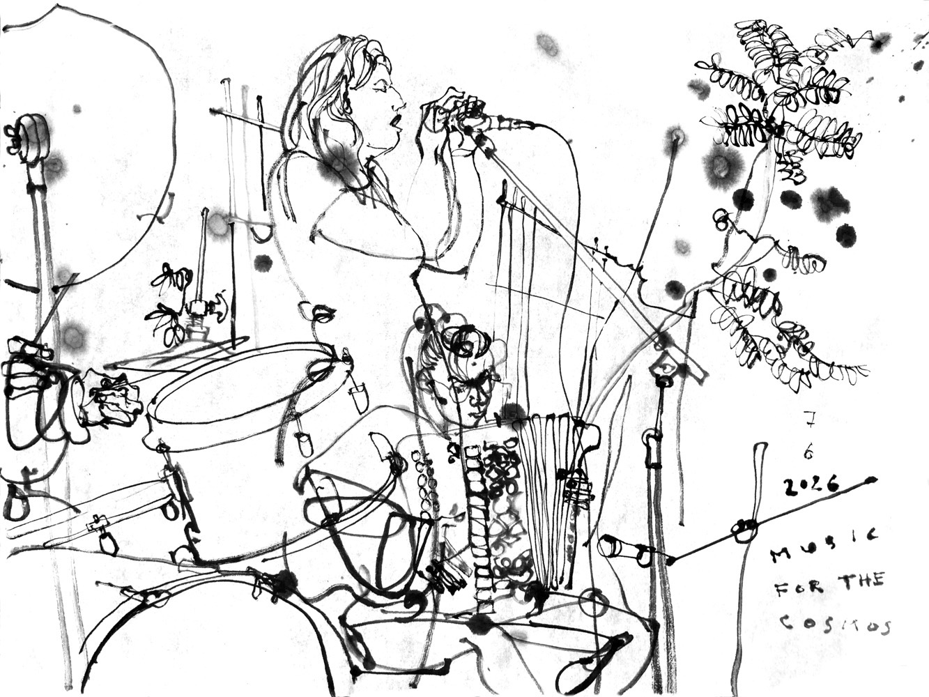 ink drawing of a drumset, the hands of the drummer visible, a woman at a microphone and a woman playin accordion: