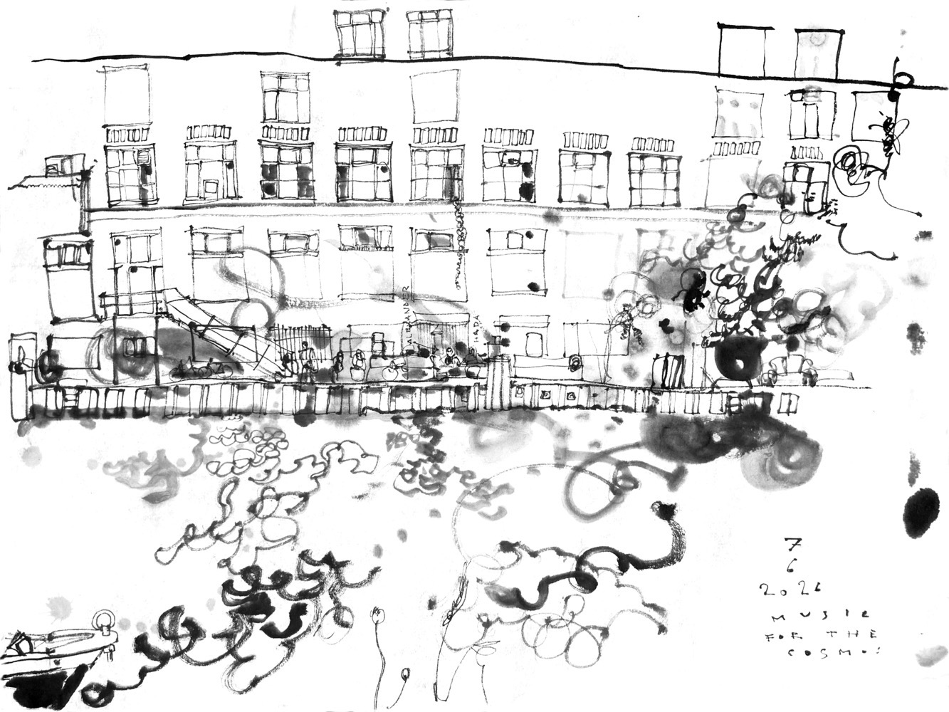 Ink drawing of a former storing building at a riverside, people on the banks, two are performing, all seen from the opposite bank. A giant braid is hanging out of one window.