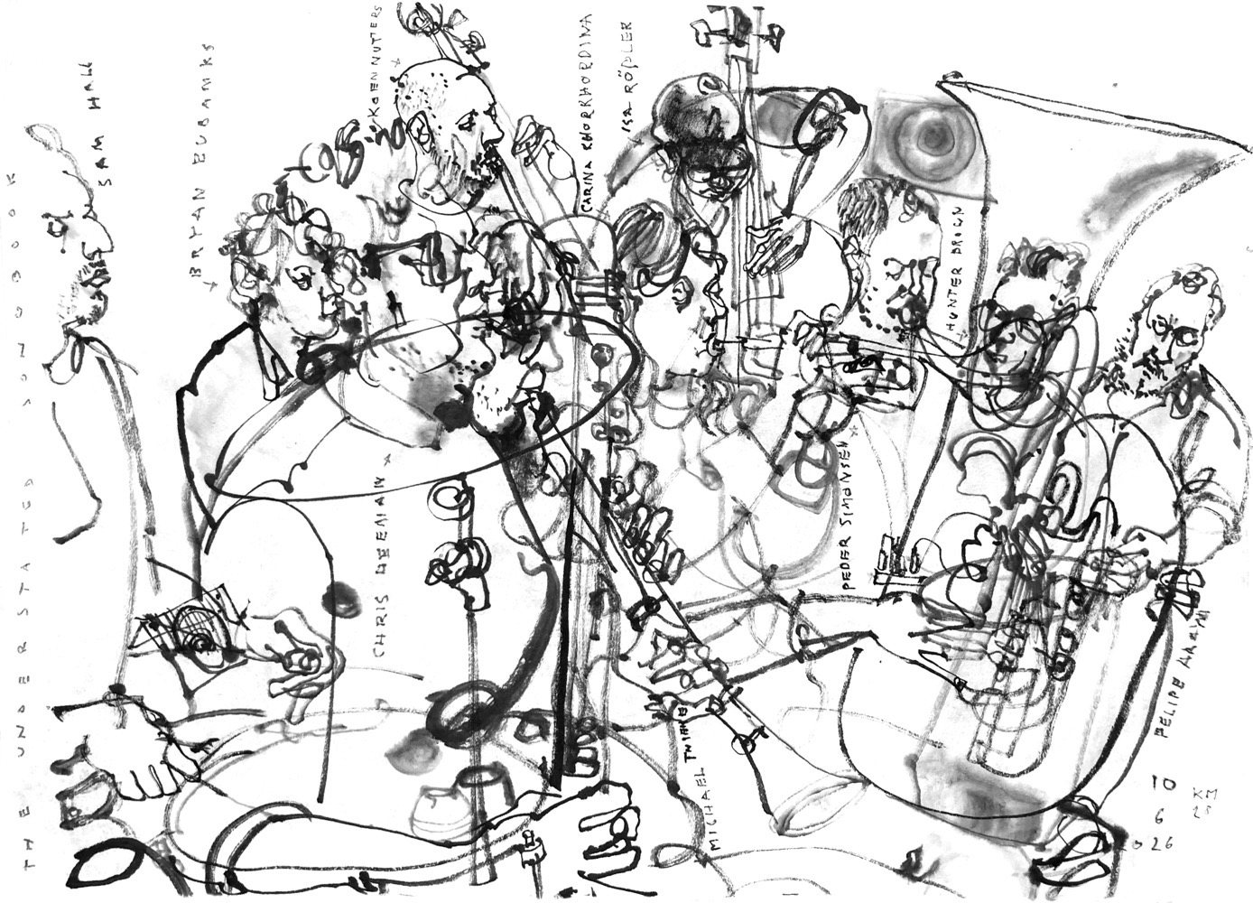Ink drawing of 10 musicans, performing.