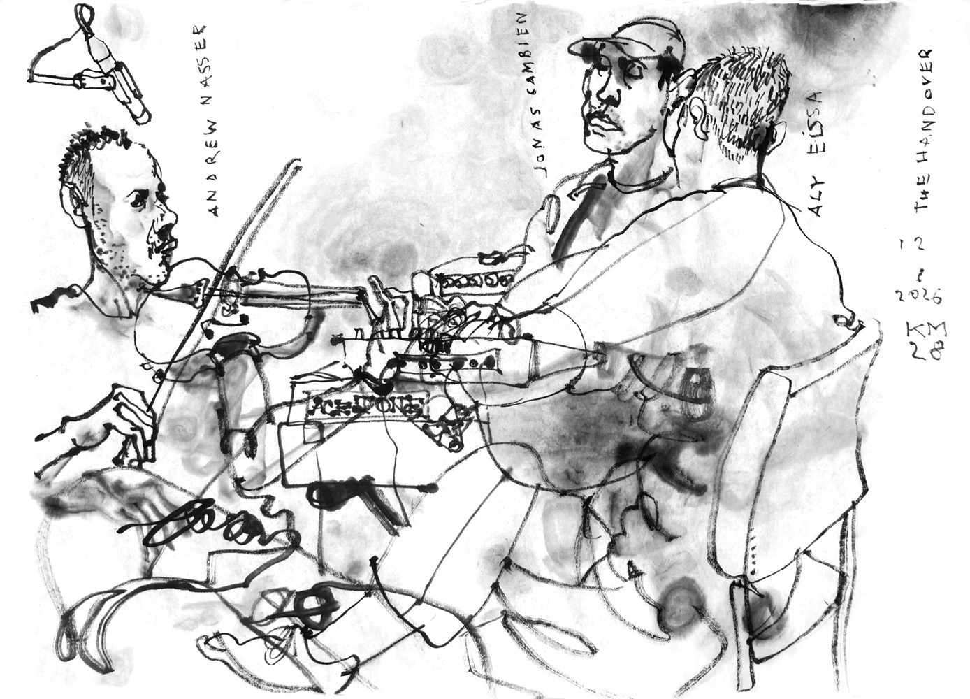 ink drawing of three male musicians, a violinist, a keyboarder and an oud-player.