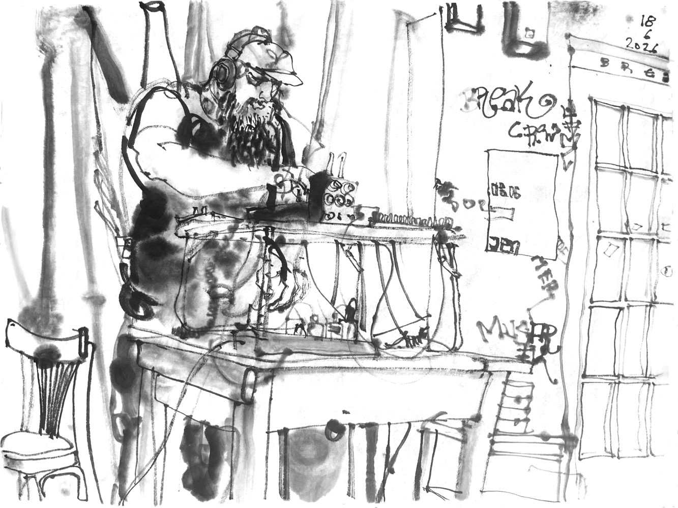 ink drawing of a man performing at a desk with electronic devices