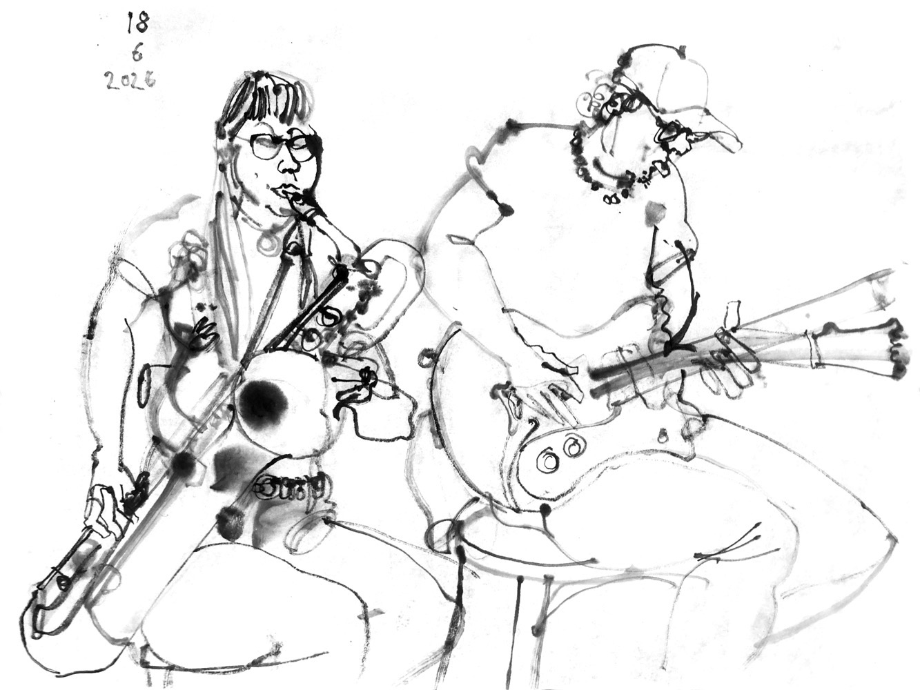 ink drawing of a woman playing bariton saxophone and a man, playing guitar.