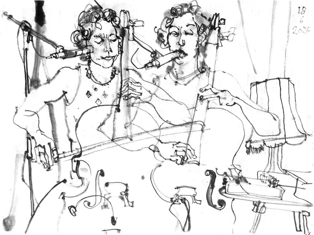 ink drawing of a woman, playing cello and singing, depicted in two poses.