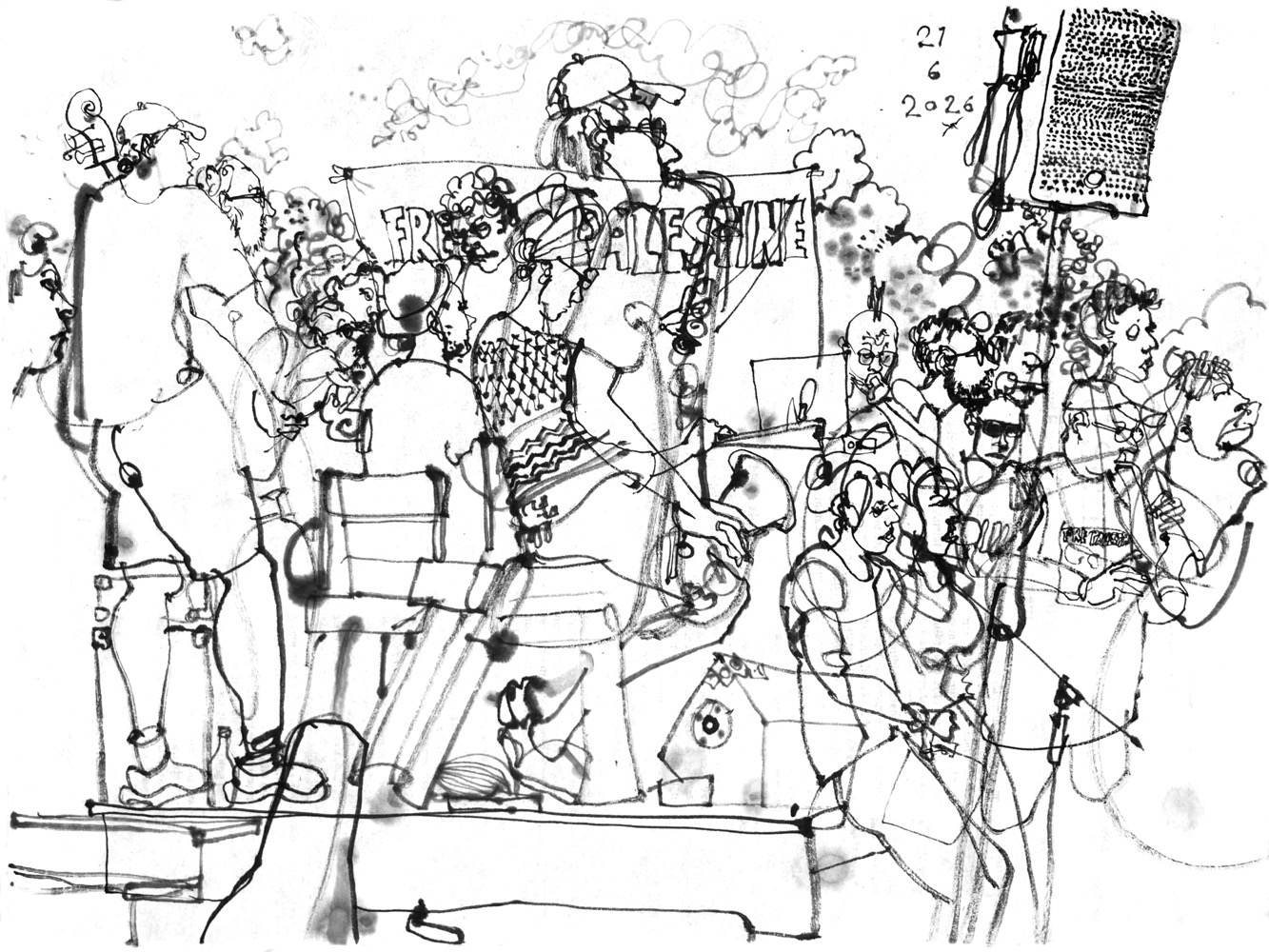 Ink drawing of an orchestra on an openair stage. A sign saying "FREE PALESTINE" in the back.