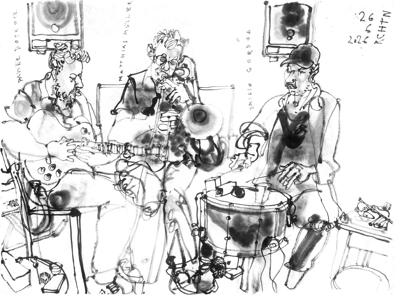 ink drawing of three male musicians performing - a guitarist, a trombonist and a drummer.