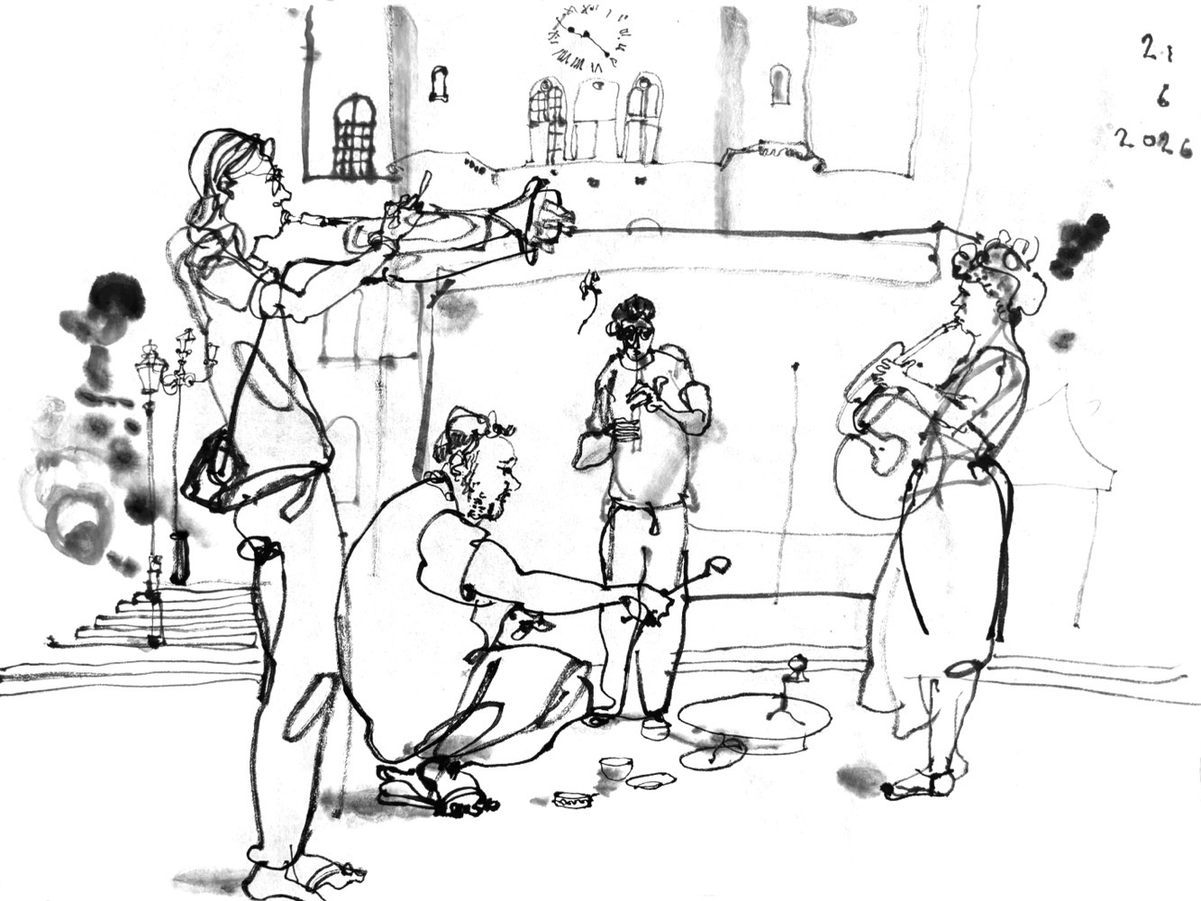 ink drawing of four musicans on a townsquare, performing. In the back is an historical building with a ckock, showing 10:25 am.
