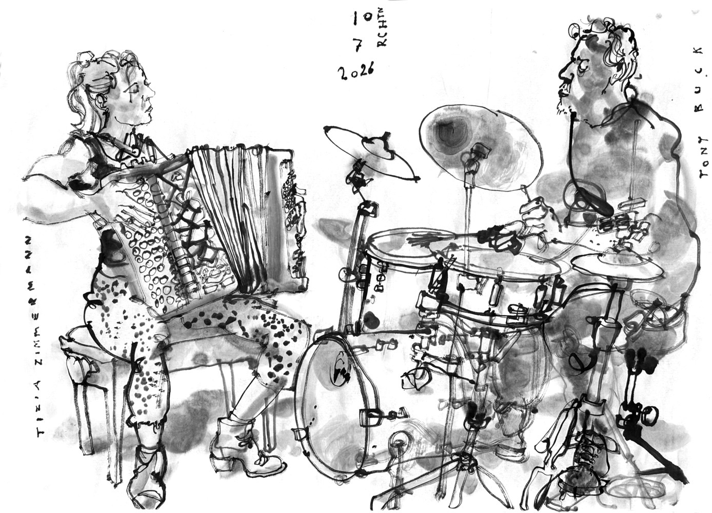 Inkdrawing of a woman, playing accordion and a man, playing drums.