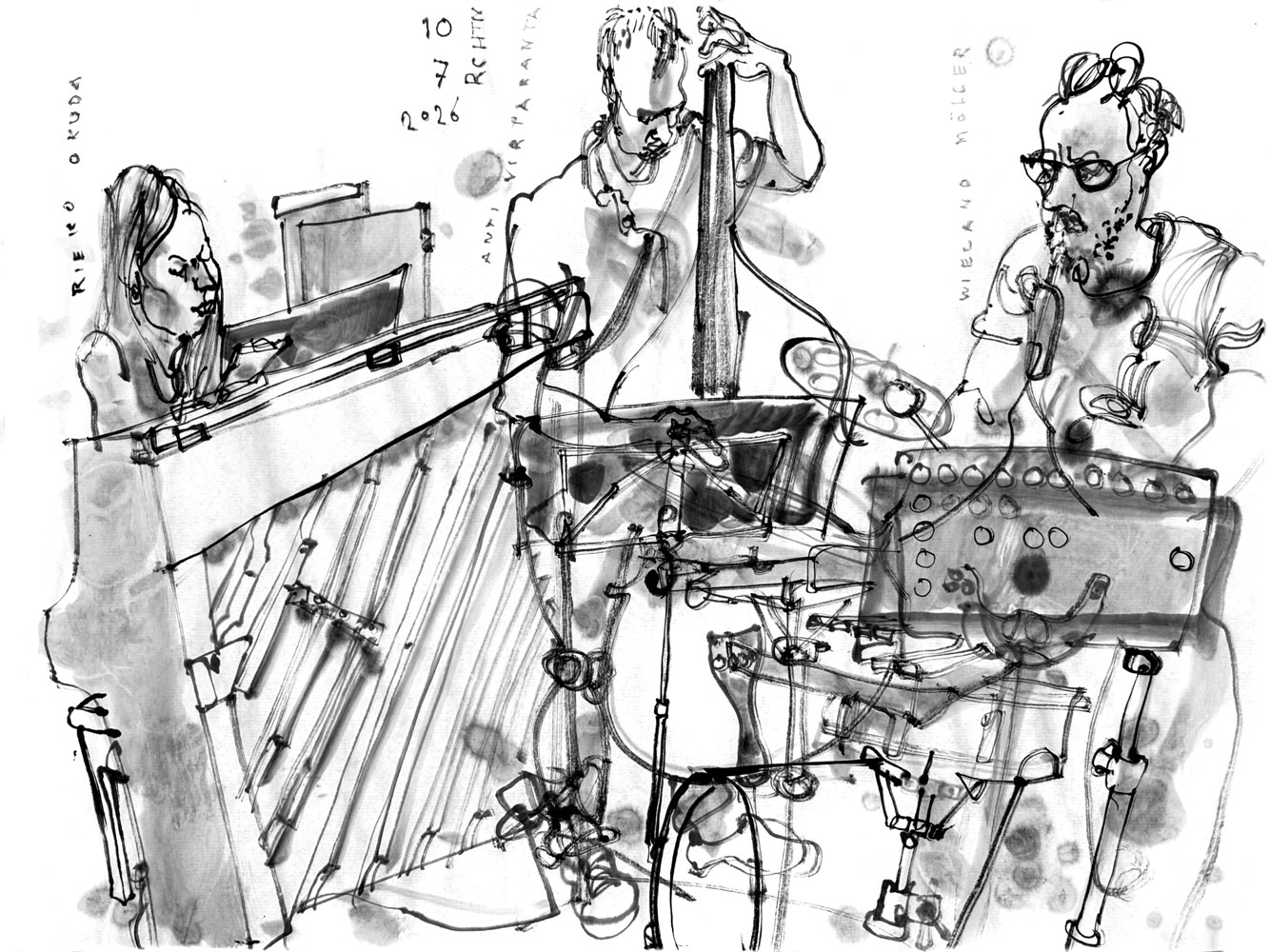Inkdrawing of a woman playing piano, a man playing double bass and a man playing drums and xylophones.