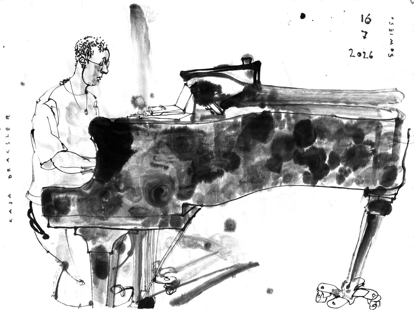 ink drawing of a woman, playing piano