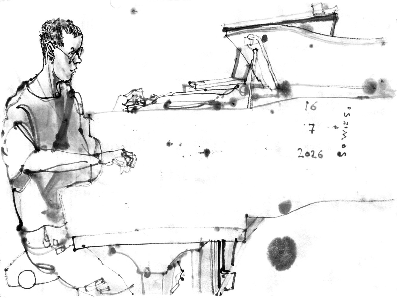 another ink drawing of a woman, playing piano