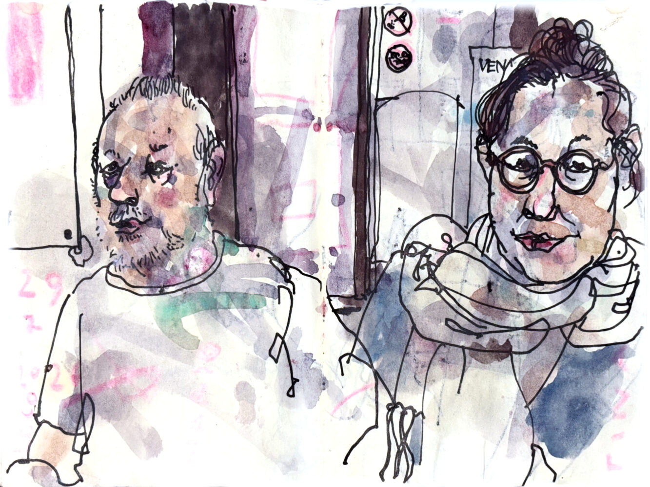 Kolorierte Füllerzeichnung eines Mannes und einer Frau an einem Tisch vor einem Café.