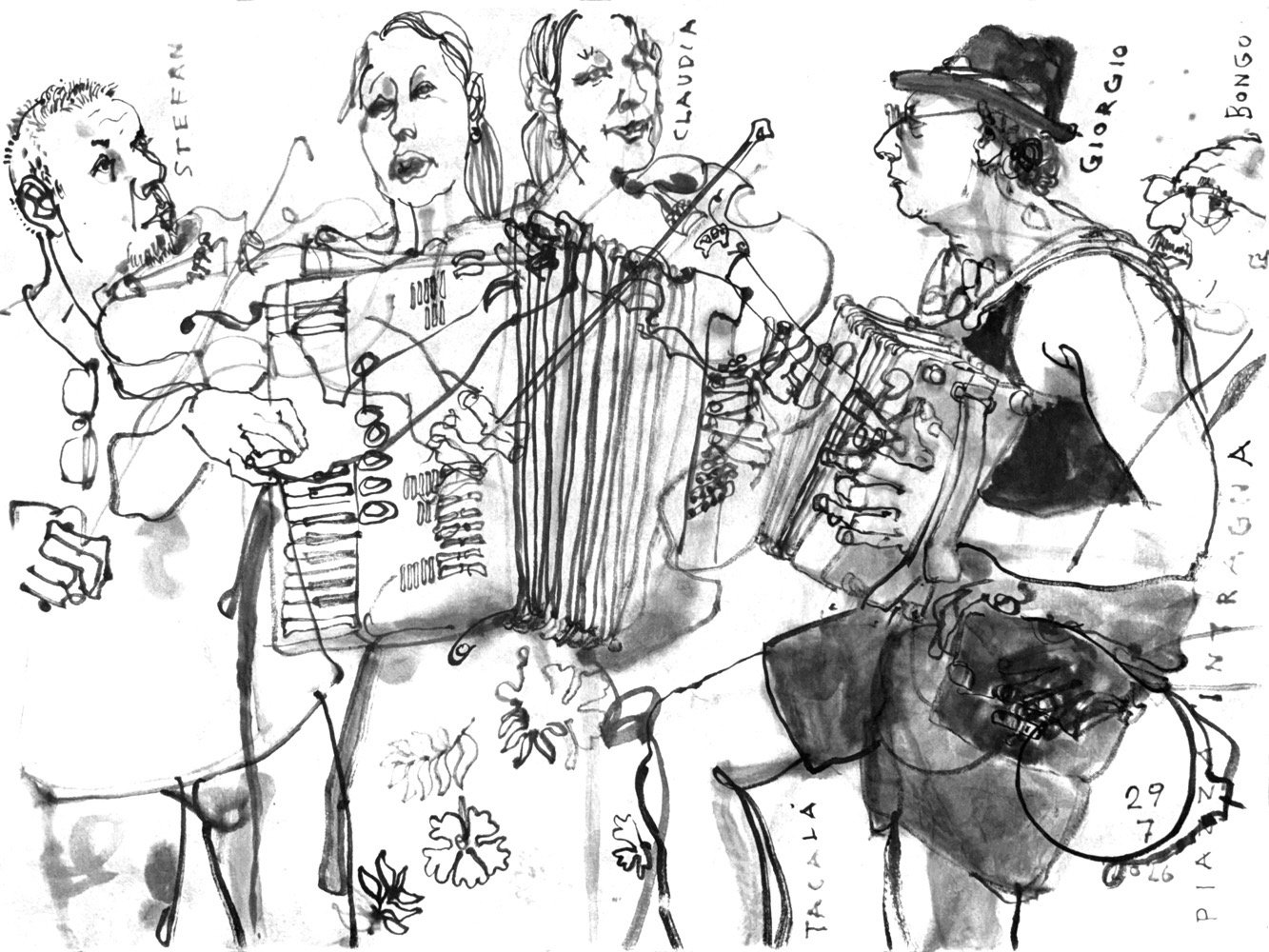 Tuschzeichnung von vier Musikern:Ein mann mit Geige, eine Frau, zweimal abgebildet, einmal mit Accordion, einmal mit Geige, ein Mann mit Harmonium und ein Mann mit Handtrommeln.