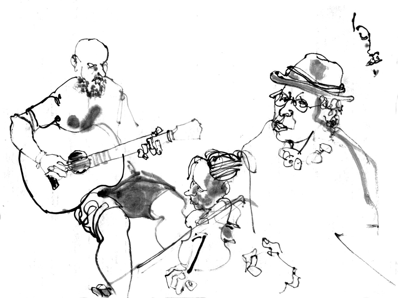 Tuschezeichnung dreier Musiker: Ein Mann spielt Gitarre, eine Frau Geige und ein weitere Mann ebenfalls Gitarre.