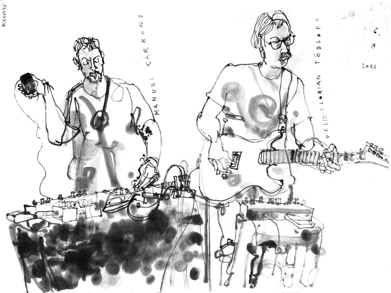 Inkdrawing og two musicians - a man at a desk with electronic devices and another man with an electric guitar and a small table with one electronic device on it.