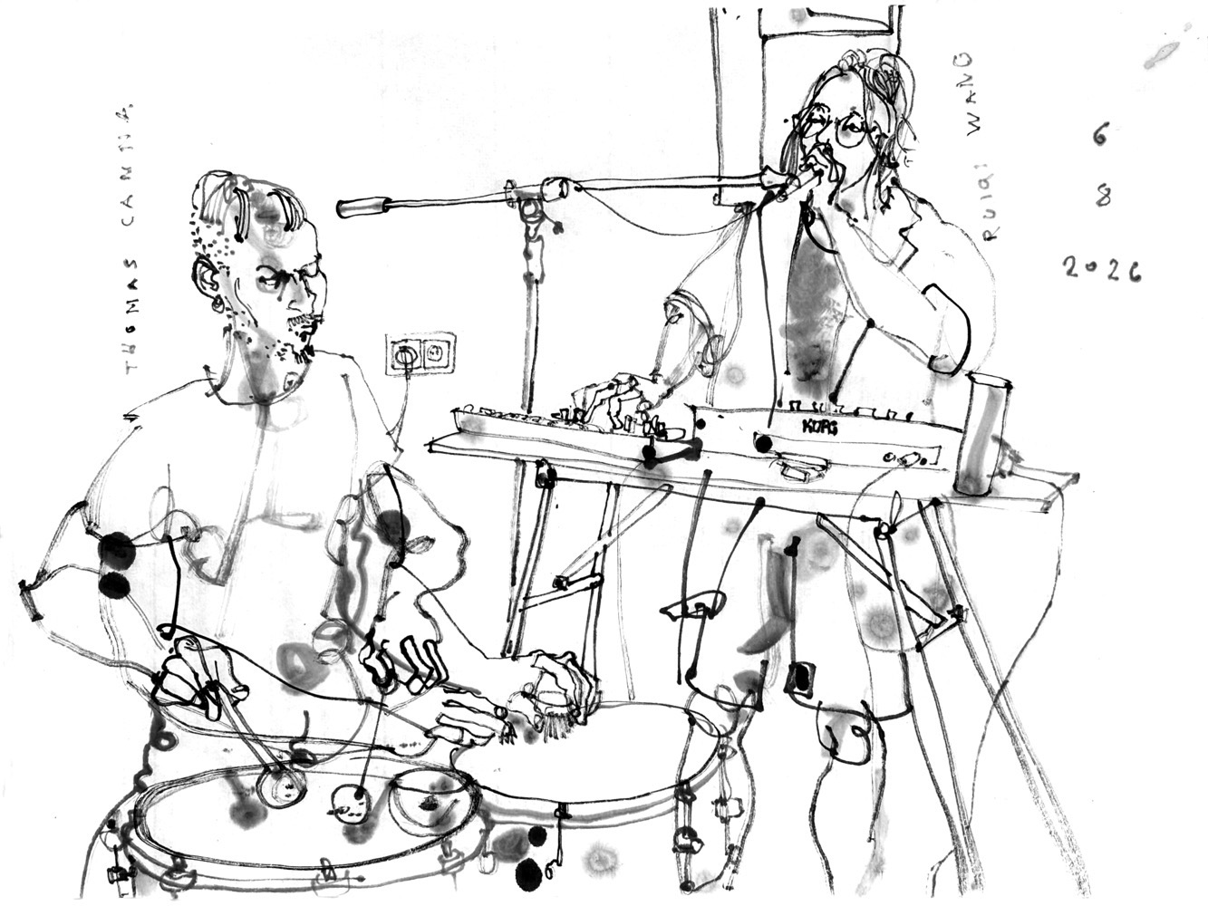 Ink drawing of a man playing drums and a woman standing behind a desk with keyboards, singing.