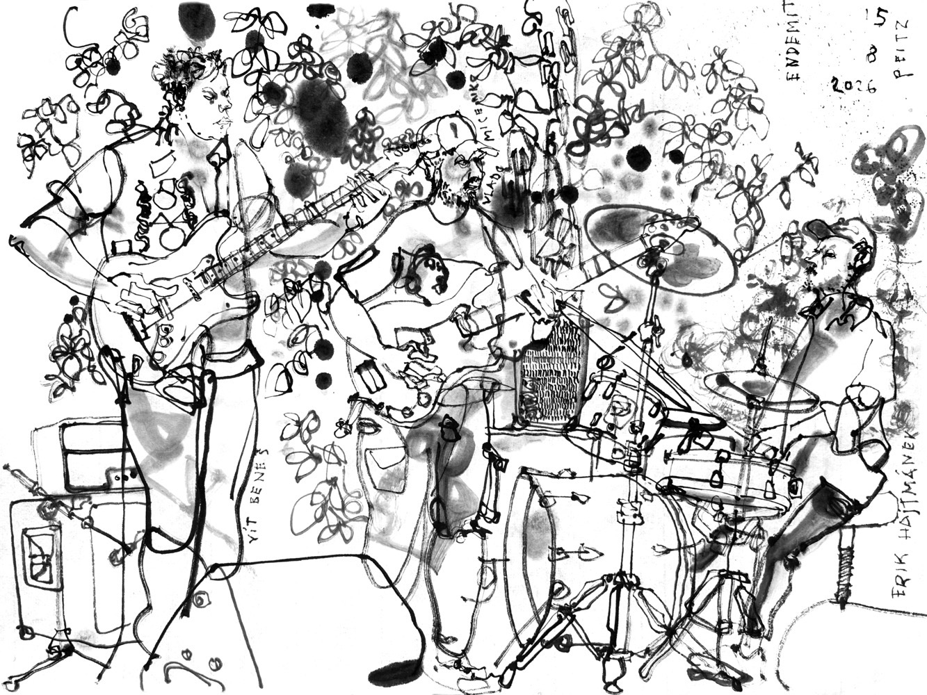 Tuschezeichnung eines Gitarristen, eines E.Bassisten und eines Schlagzeugers auf einer Open-Air-Bühne.