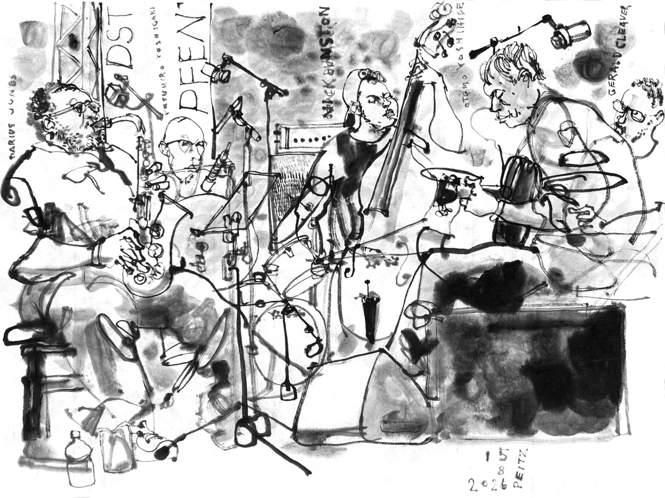 Tuschezeichnung eines Saxophonisten, zweier Schlagzeuger, eines Bassisten und eines Gitarristen auf einer Open-Air-Bühne.