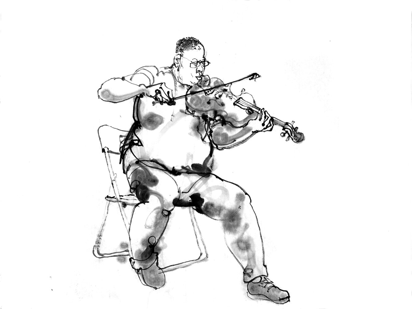 Inkdrawing of a viola player, sitting on a chair.