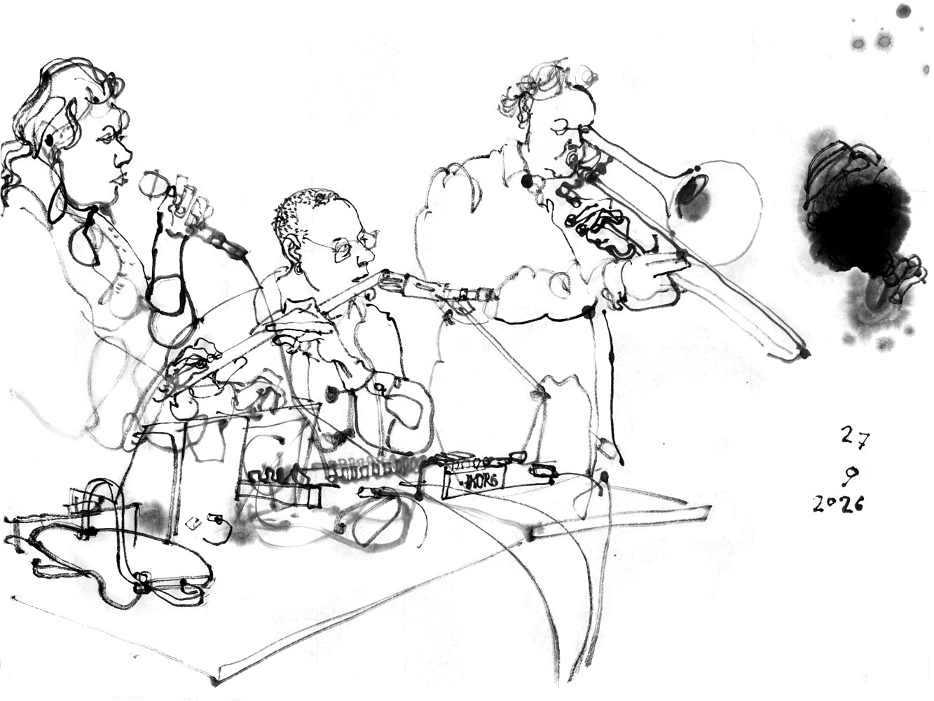inkdrawing of three musicians, a woman singing and playing synthesizer, a man playing flute and another man playing trombone.