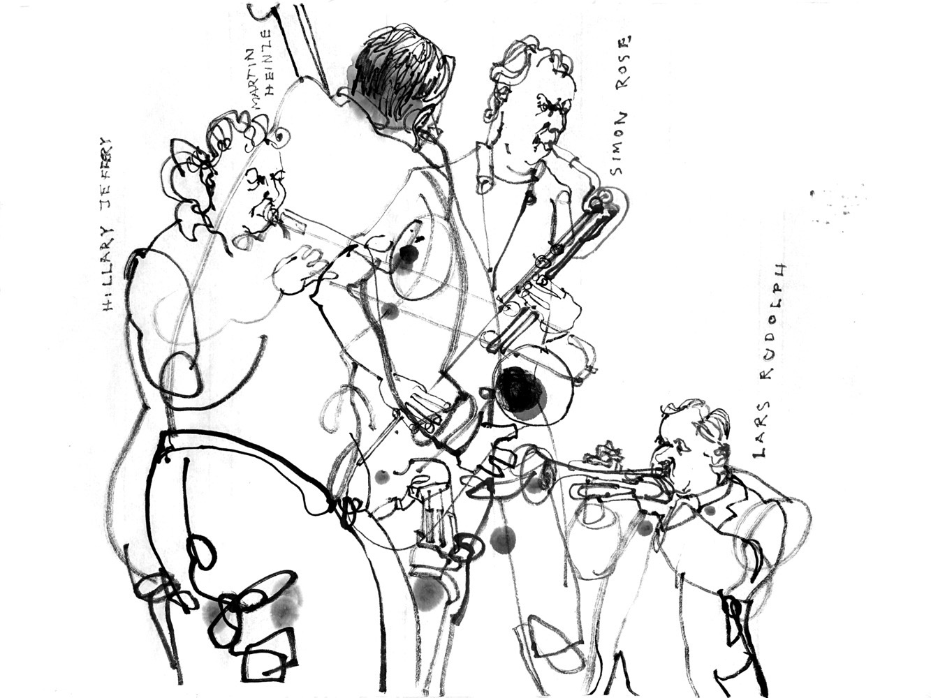 inkdrawing of four male musicians, playing trombone, double bass, saxophone and trumpet.