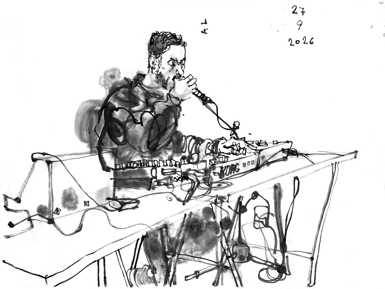 ink drawing of a man sitting at a desk with electronics and voicing into a microphone