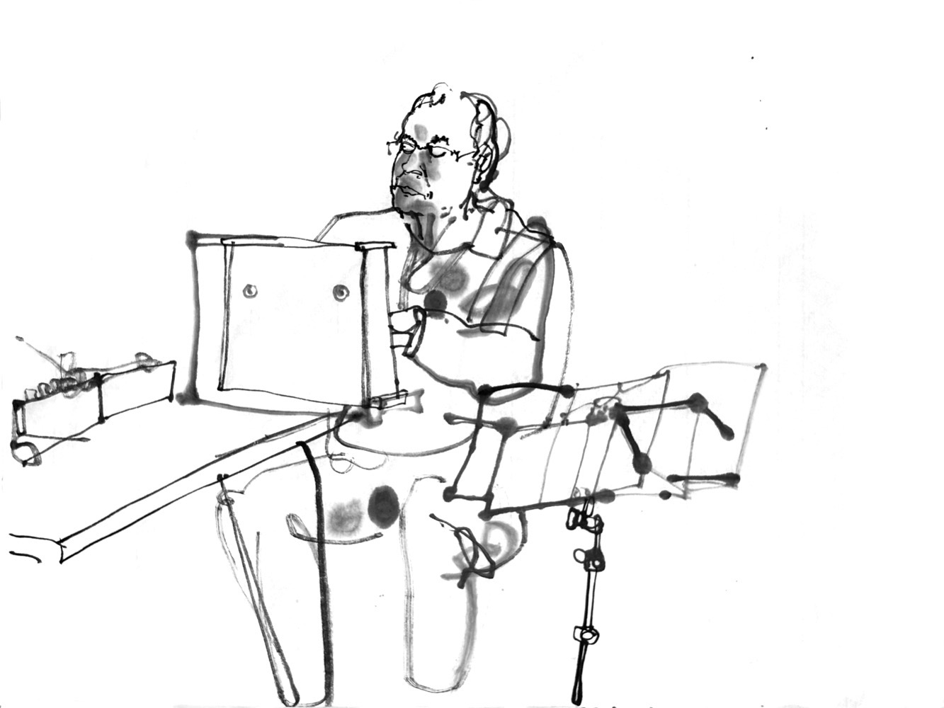 inkdrawing of a man, sitting ata toy piano