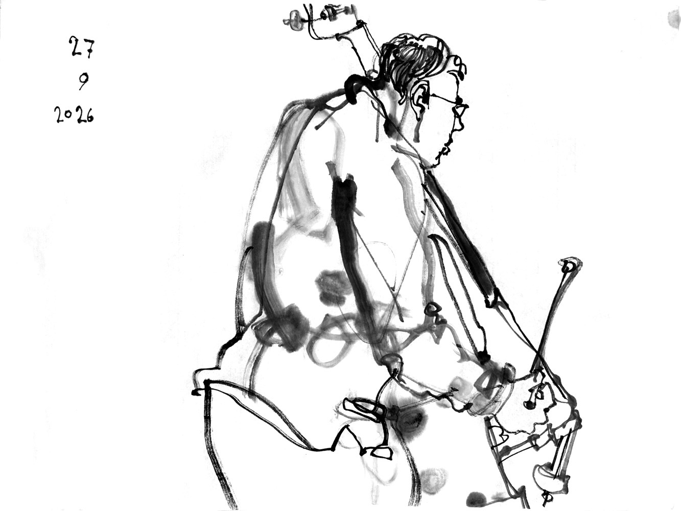ink drawing of a man, playing double bass