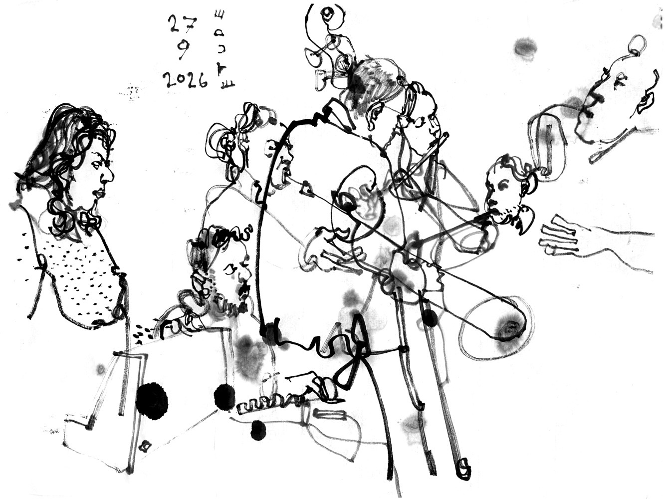 ink drawing of seven musicians performing - a woman playing synthesizer, a man at electronics, a man playing trombone, aman on double bass, a woman playing flute, a man on trumpet and a man on saxophone.