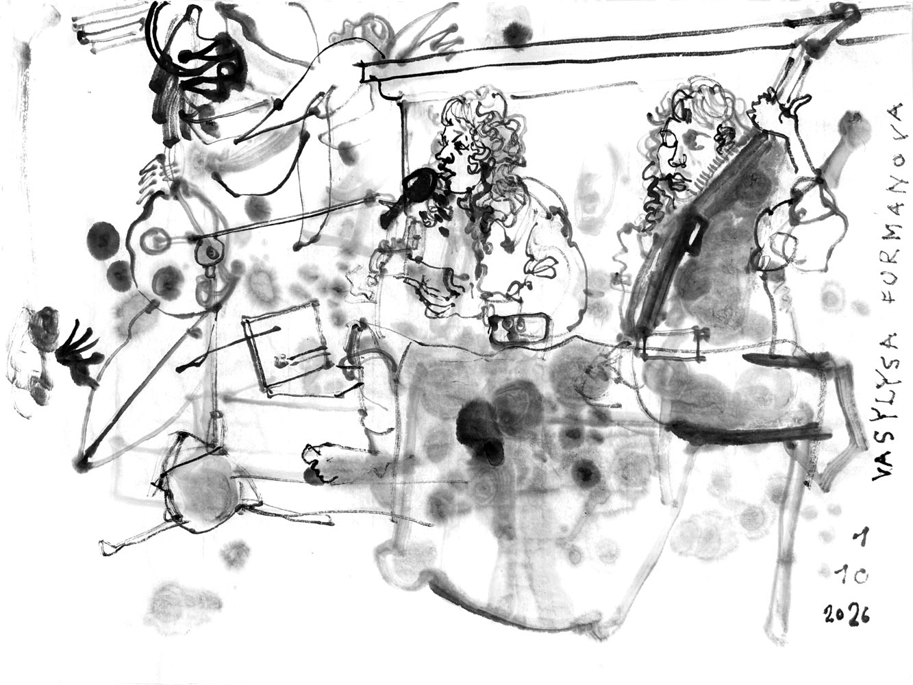 inkdrawing of a woman on a stage, depicted twice, one time playing electric guitar, anzher time bandura, both singing.