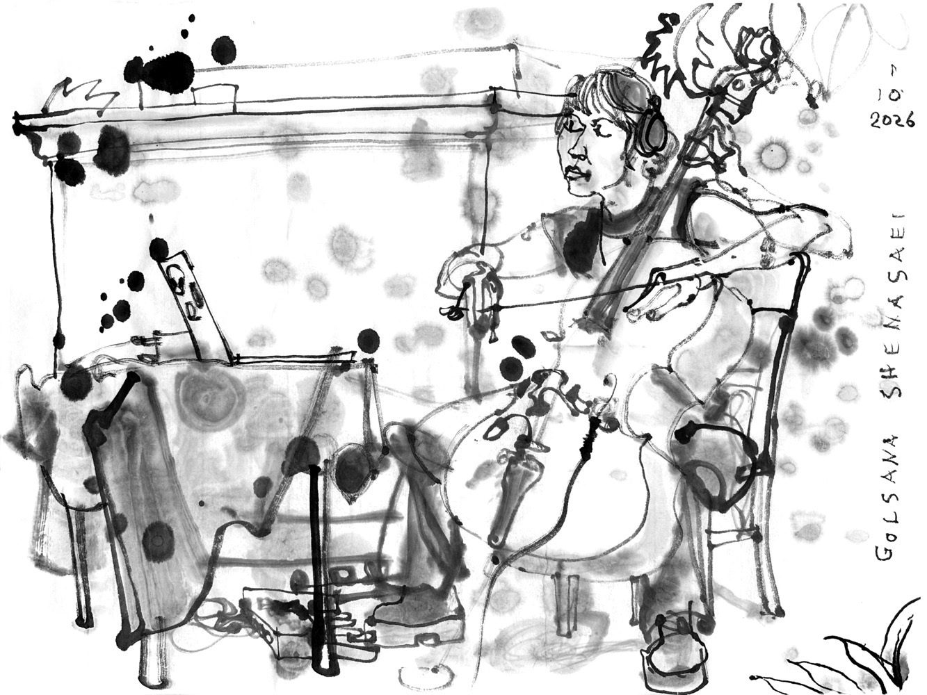 ink drawing of a woman, playing cello, asode of a desk with a laptop and anoteher device and some pedals underneath.