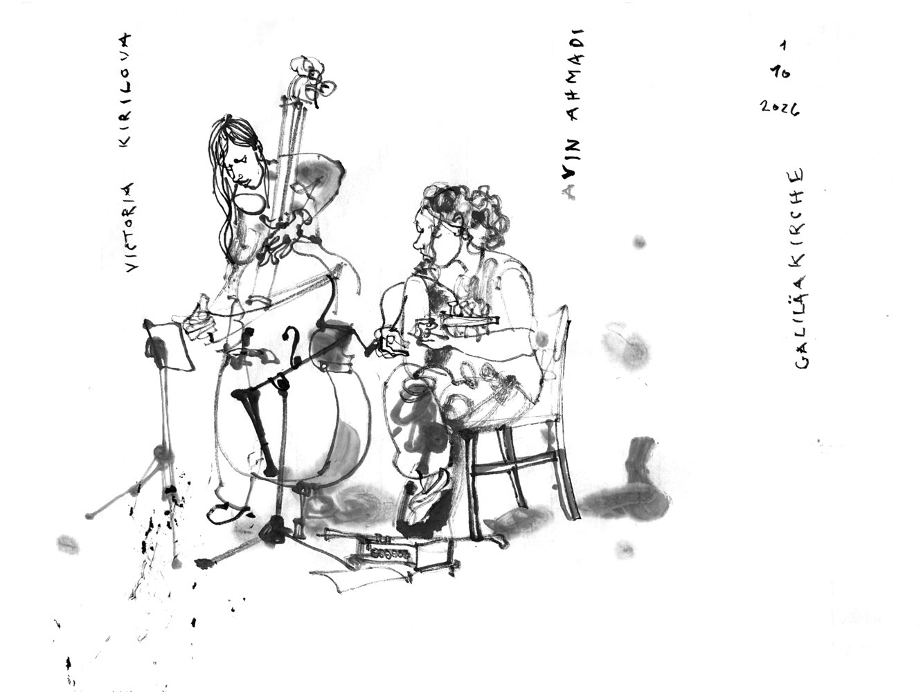 ink drawing of a woman, playing double bass and another woman, playing oud.
