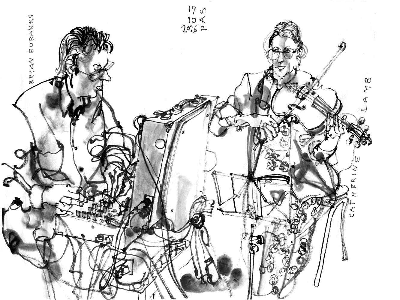 inkdrawing of a man, sitting at a modular synthesizer and a woman, playing viola.