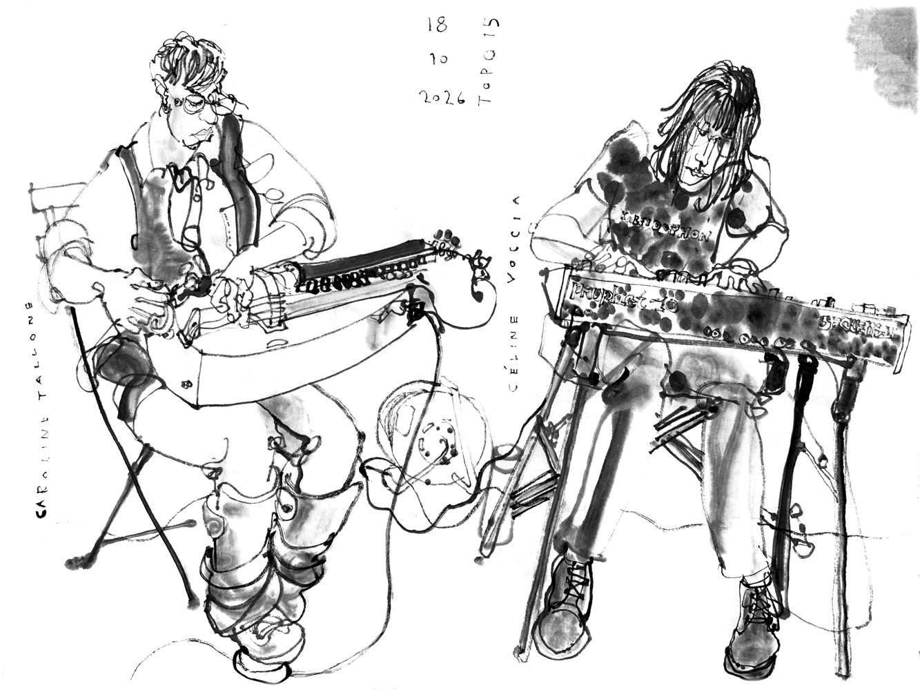 ink drawing of two female musicians performing on hurdy gurdy and synthesizer.