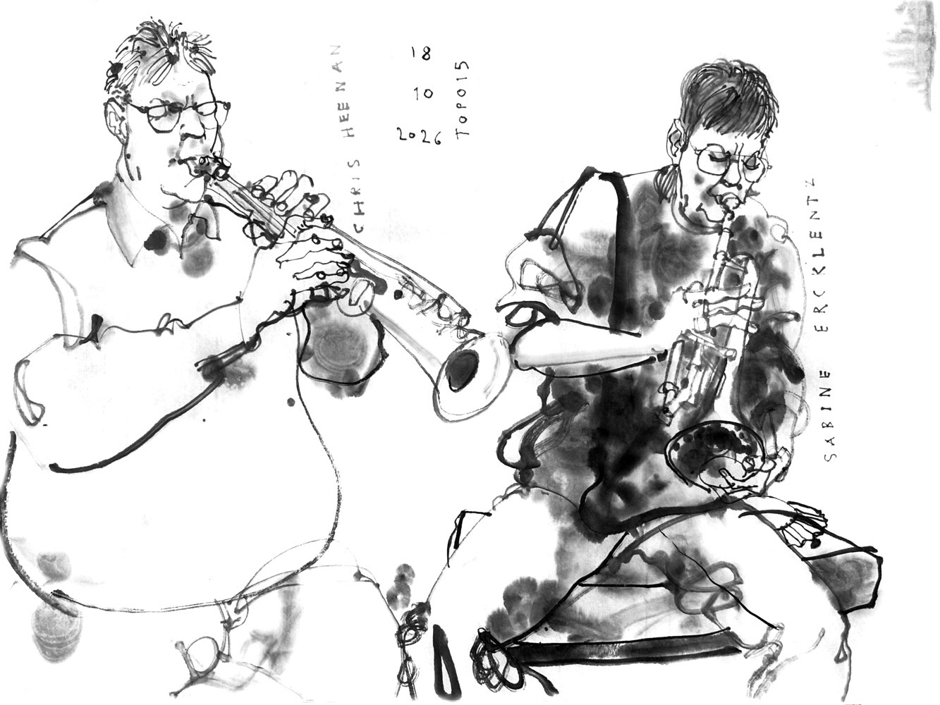 ink drawing of a man, playing soprano saxophone and a woman playing trumpet.