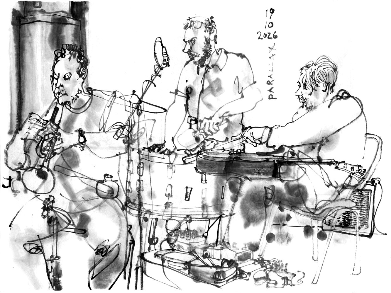 ink drawing of three male musicians, performimg on Trumpet, percussion and guitar.