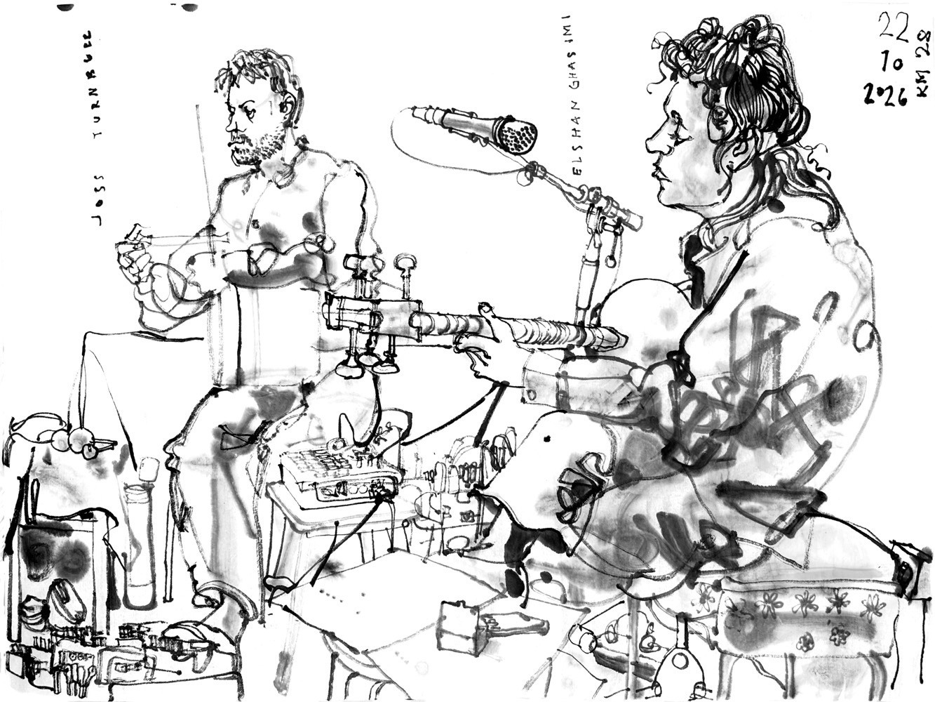 Ink drawing of a man, playing an iranian drum with a stick and a violin bow and a woman, playing tar, sitting in front of a microphone.